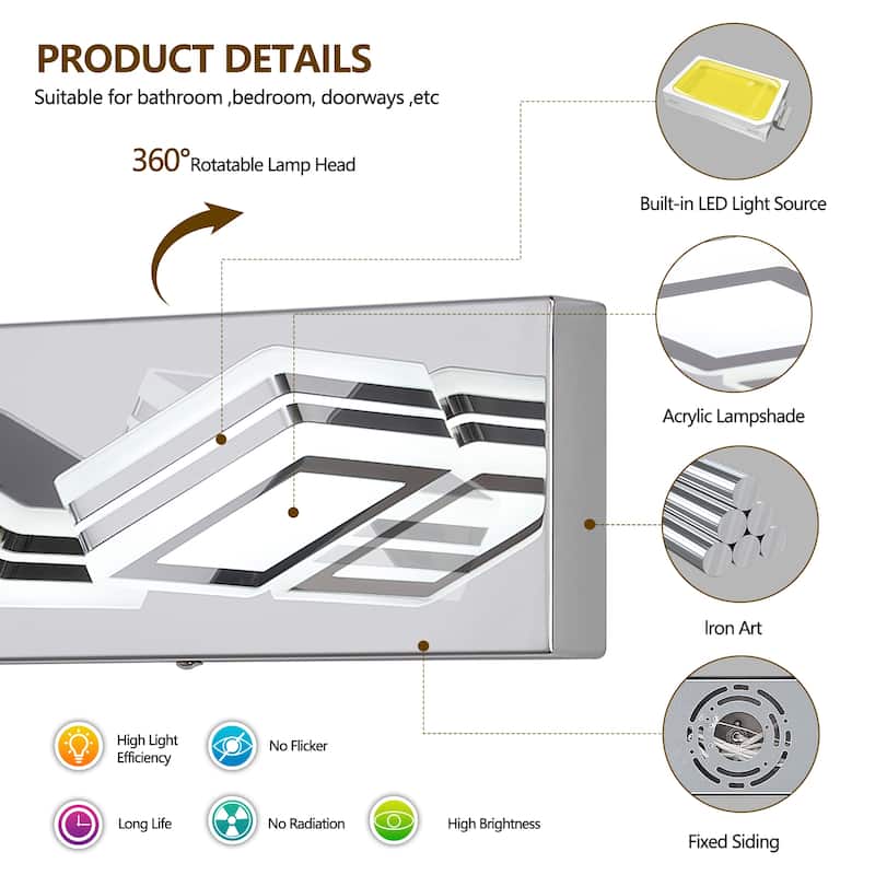 Modern Dimmable Vanity Lights for Bathroom LED 3 Light Bathroom Lights Over Mirror Bath Wall Lighting