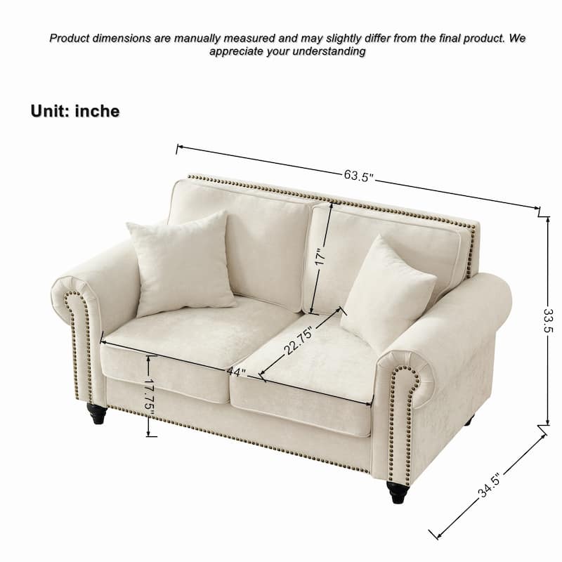 Loveseat with Rolled Armrest, Chenille Upholstered Fabric Sofa, 2-Seater Couch with Solid Wood Legs & Nailhead Trim