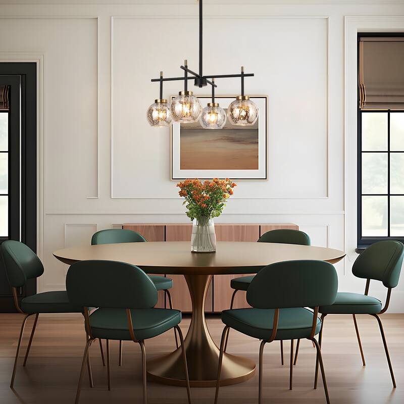 Modern 4-Light Black Gold Chandelier Mercury Glass Pendant Light for Dining Room - 21" L x 20" W x 10" H