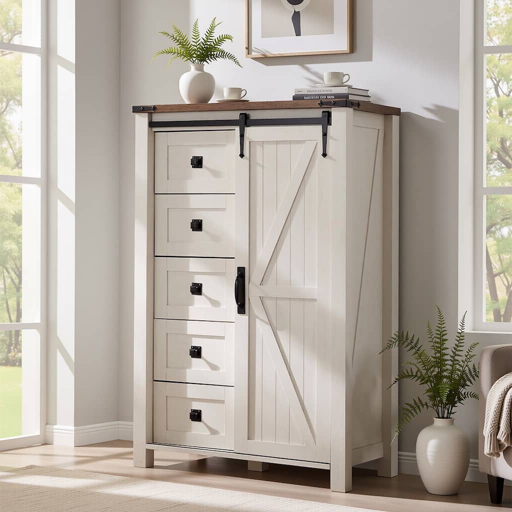 Farmhouse 5 Drawers Dresser, Vintage Chest of Drawers with Barn Door