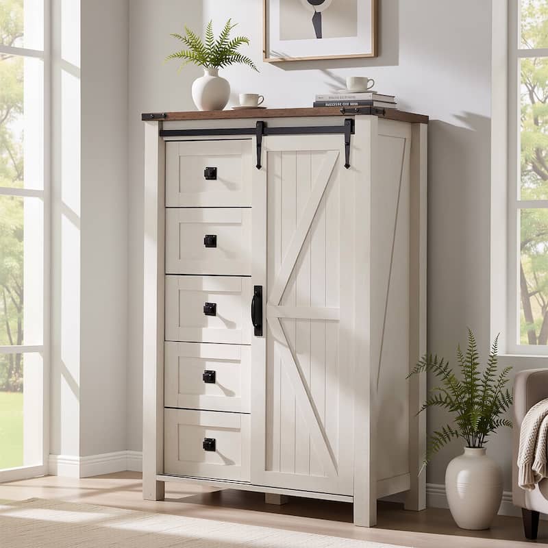 Farmhouse 5 Drawers Dresser, Vintage Chest of Drawers with Barn Door - Antique White