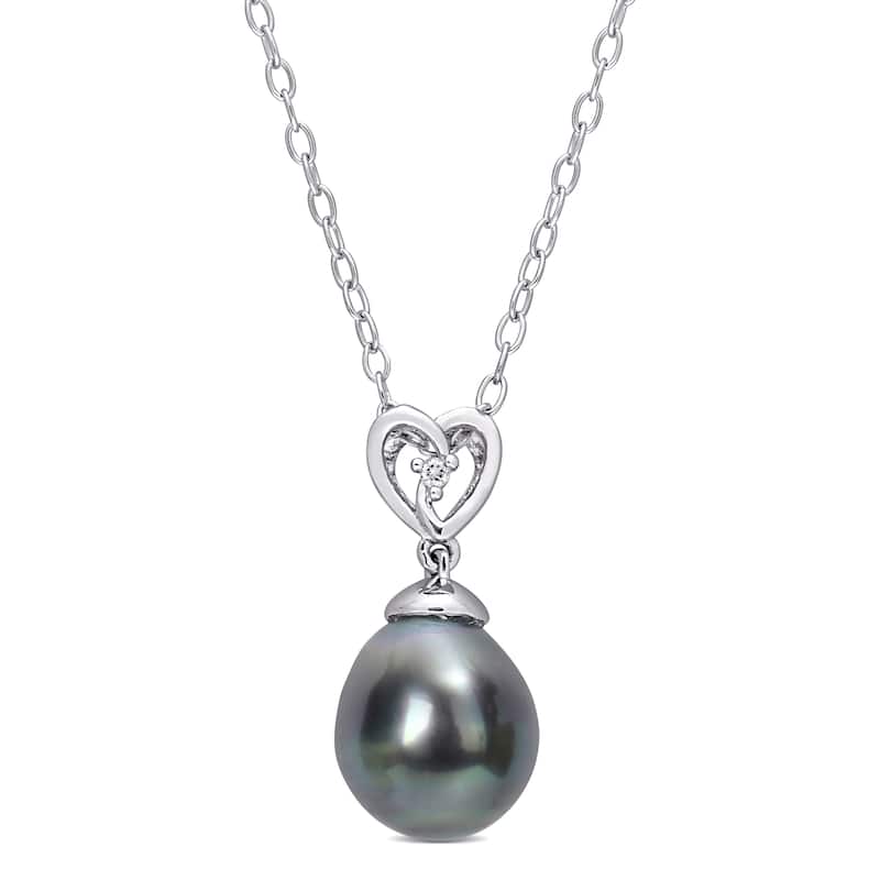 Miadora 8-9mm Black Tahitian Cultured Pearl and White Topaz Heart Drop Sterling Silver