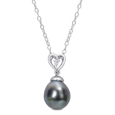 Miadora 8-9mm Black Tahitian Cultured Pearl and White Topaz Heart Drop Sterling Silver