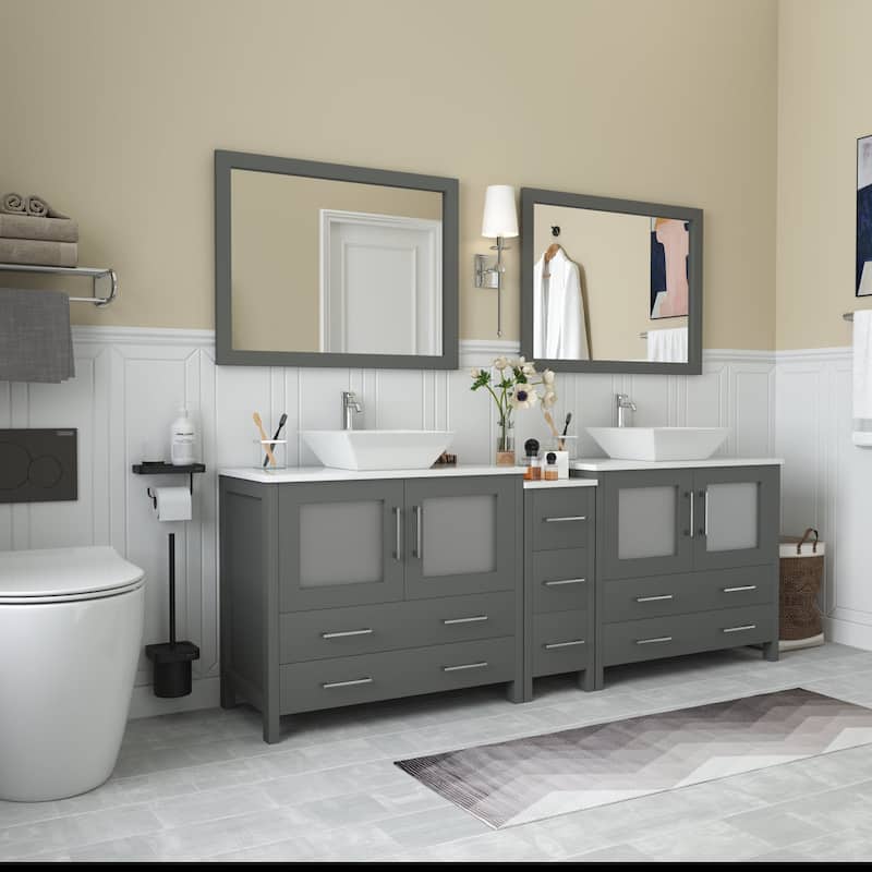 Vanity Art 84" Double Sink Bathroom Vanity Set with Engineered Marble Top and Free Mirrors