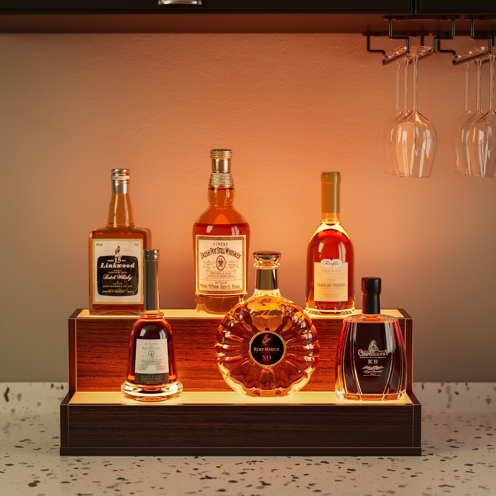 Walnut Bar Display Shelf, Freestanding Holding Bottles for Home Bar, LED Lighted Liquor Bottle Display Shelf with Remote Control