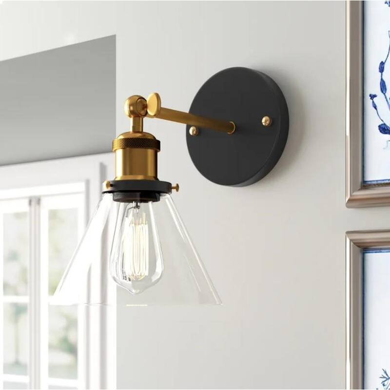 Modern 1-Light Swing Arm Wall Sconce with Cone Clear Glass Shade - Black