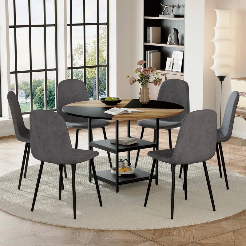 A 47.3-Inch Diameter Modern Splicing Circular Dining Table Set- Double-Layer Storage,Paired with 6 Fabric Chairs