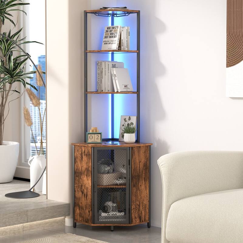 VECELO Tall Bookshelf 63.2"Large Bookcases Organizer with LED Lights Free-Standing Library Bookshelf with 5-Tier Storage Shelves - Brown