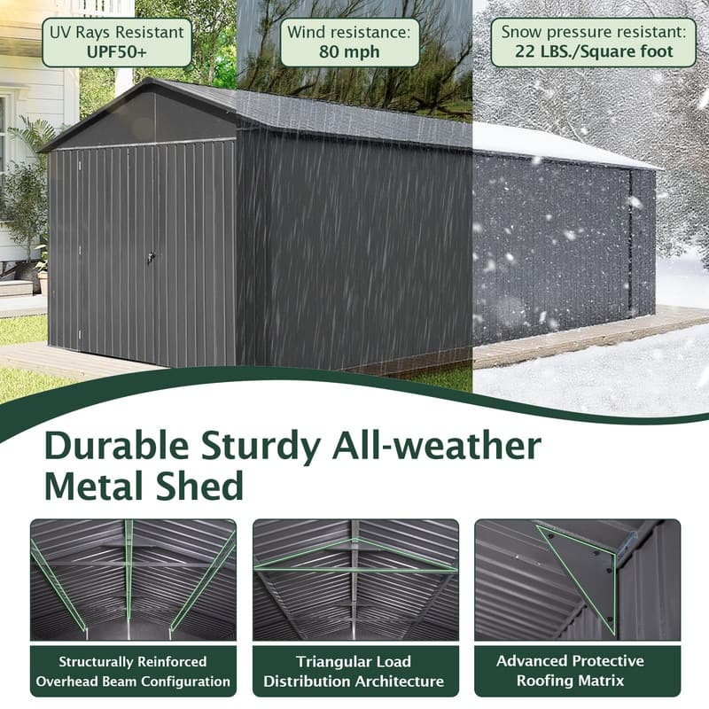 Domi 12x15FT Outdoor Metal Garage Shed,Extra Large Metal Carport with Lockable Double Doors,Heavy Duty Car Shelter,Dark Grey