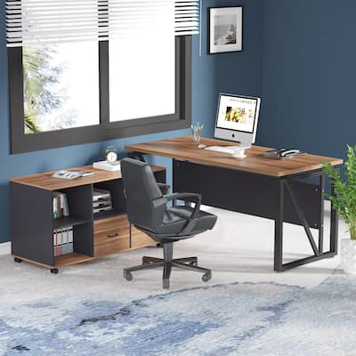 L-Shaped Computer Desk, 55 inches Executive Desk with lateral File Cabinet