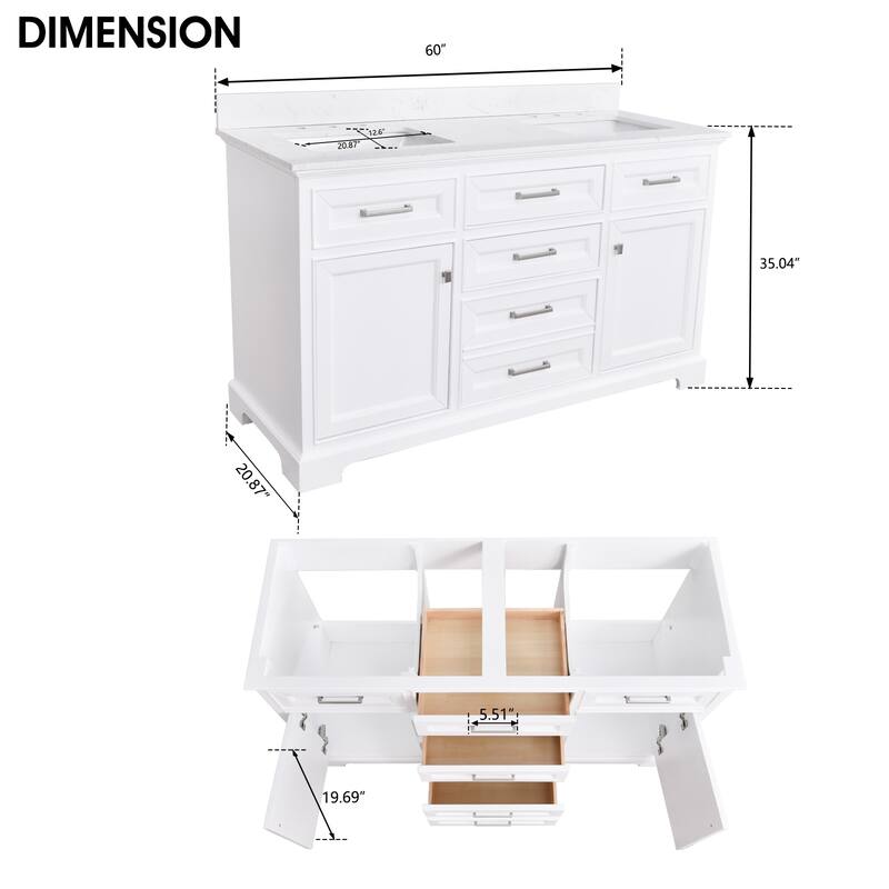 Prismarble Bathroom Vanity 60 in White with Marble Top & Backsplash, Double Sinks