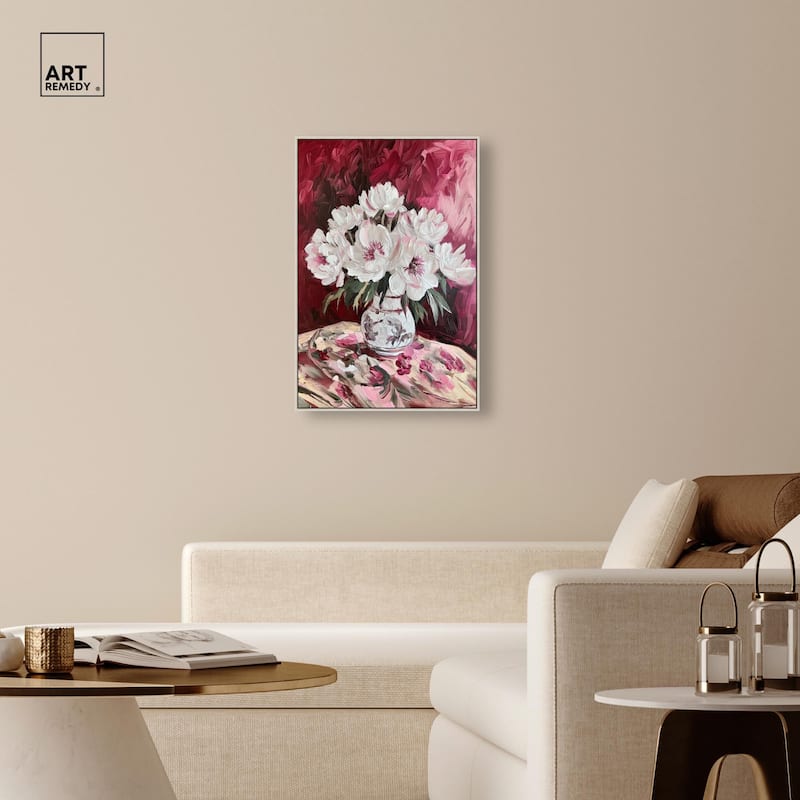 Peonies on Ruby Tide Canvas by Art Remedy