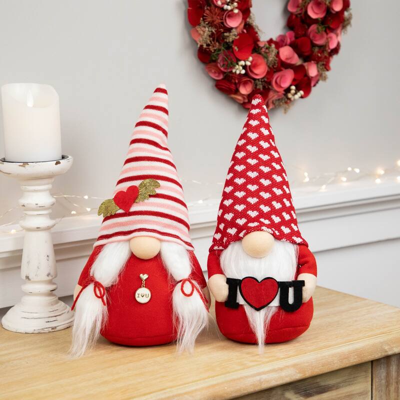 Plush Sitting "I Heart U" Gnome Valentine's Day Figures -12" - Set of 2 - 12"