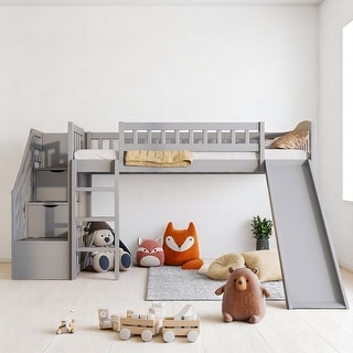 Twin Size Loft Bed with Slide, Staircase Storage Drawers, Convertible Ladder, and Guardrails, No Box Spring Needed