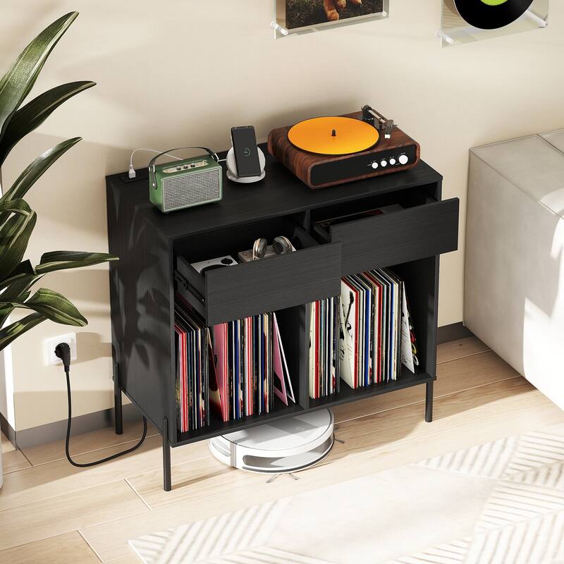Modern Record Stand with USB Charging Station and 2 Drawer Storage Vinyl Album Organizer Shelf - 31.5" x 16" x 30.5"