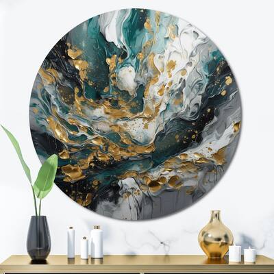Designart "Gold Teal Ink On Stone" Abstract Metal Circle Wall Decor