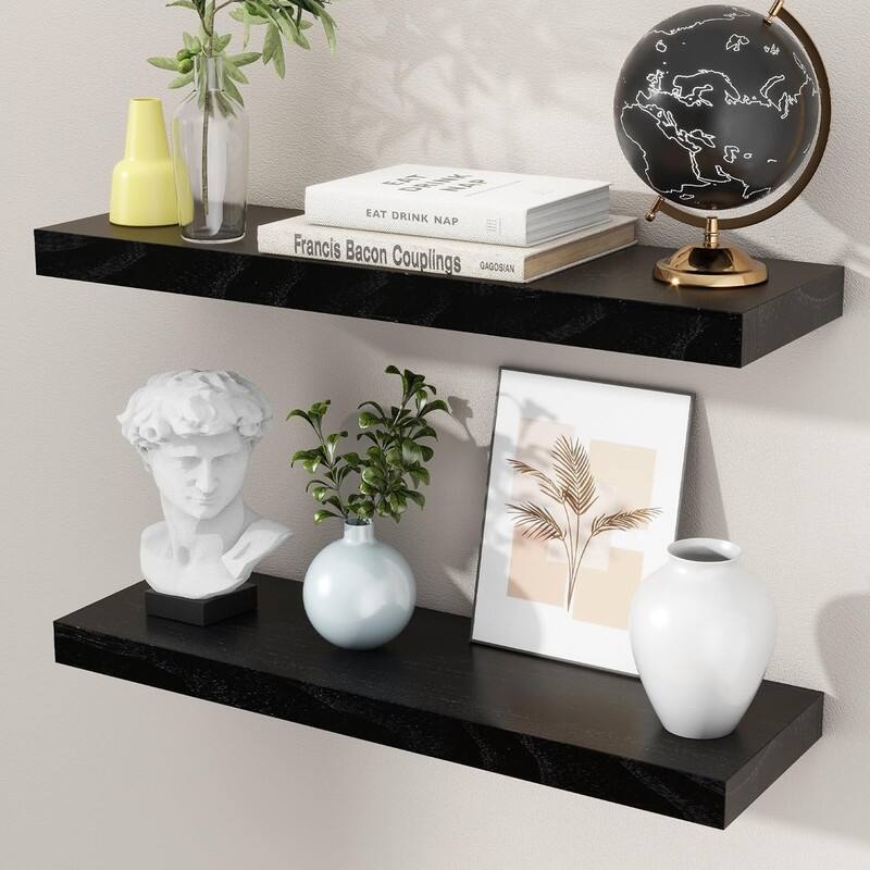 24 Inch Black Floating Shelves for Wall, Solid Wood Wall Shelves Set - 24 Inch