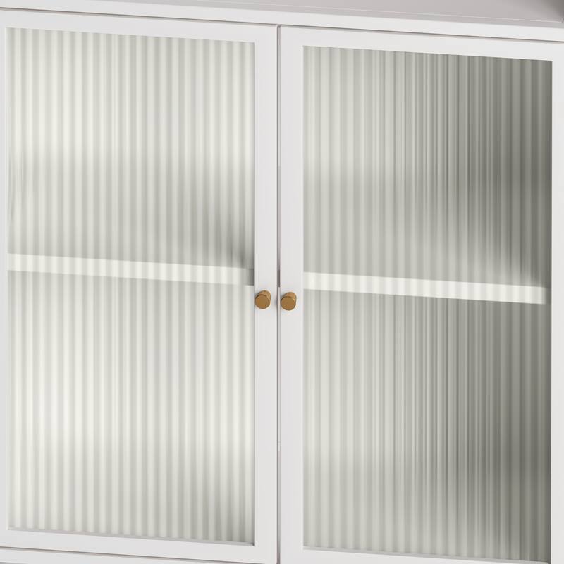 White Iron and Glass Modern Storage Cabinet with Shelves and Cupboard - 27.56” x 13.78” x 45.28”