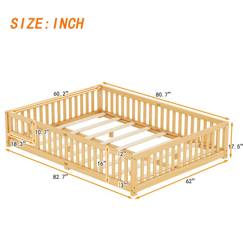 Natural Queen Size Pine Wood Floor Bed with Safety Guardrails and Door for Kids, Boys, Girls, Bedroom