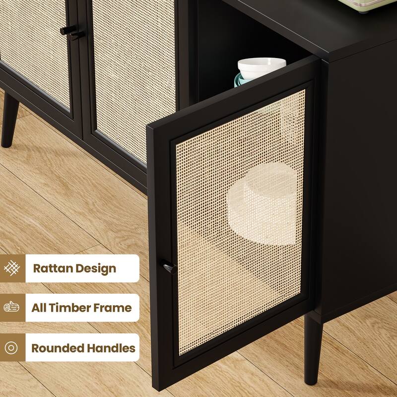 Anmytek Black 3-Door Rattan Buffet Sideboard Wooden Storage Cabinet for Living Dining Room