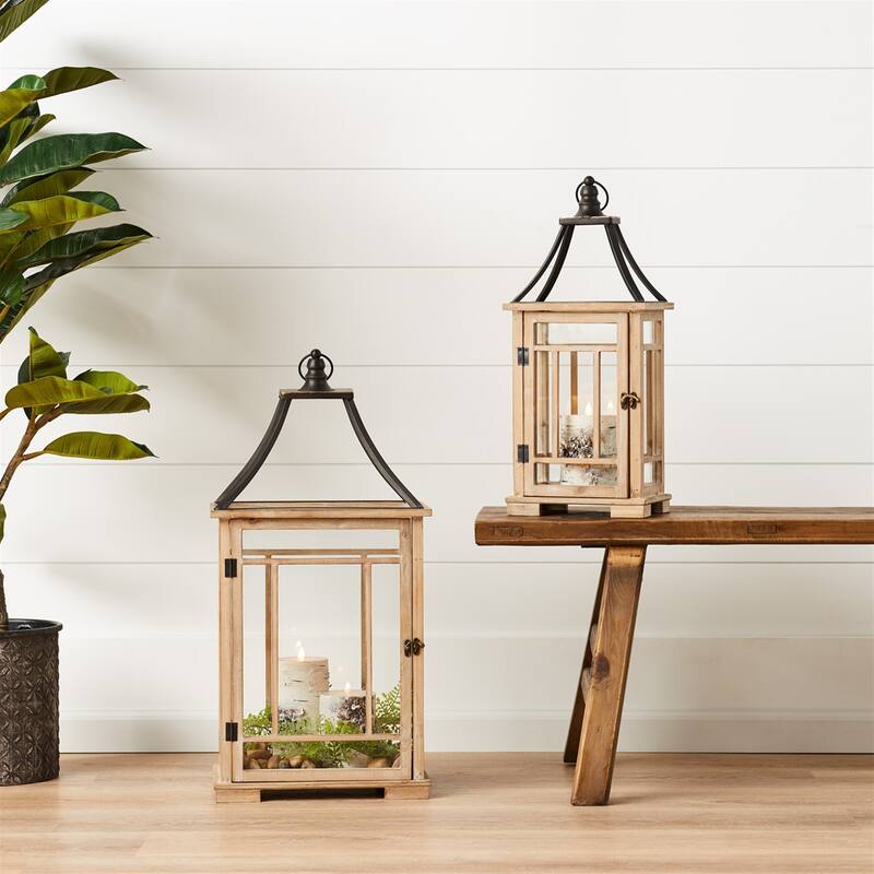 Wooden Lantern (Set of 2) - 14 x 10 x 31; 9.75 x 6.5 x 23