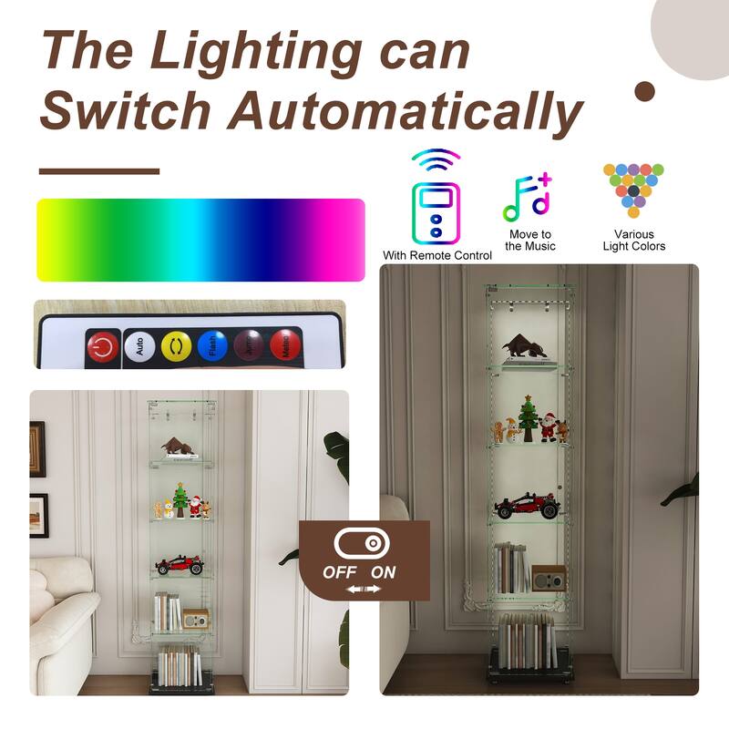 4-Tier Tempered Glass Display Case with 5 Dynamic LED Modes, Single Door Bookshelf Cabinet for Collectibles Home Office Decor
