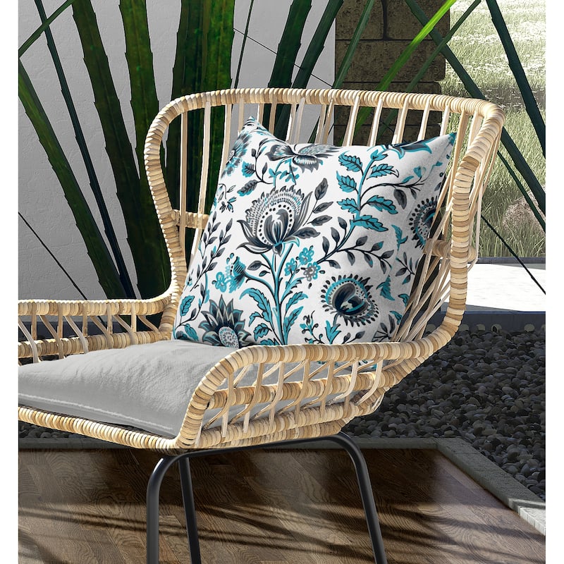 Sanganeri Block Print Indoor/Outdoor Reversible Throw Pillow Grey and Turquoise
