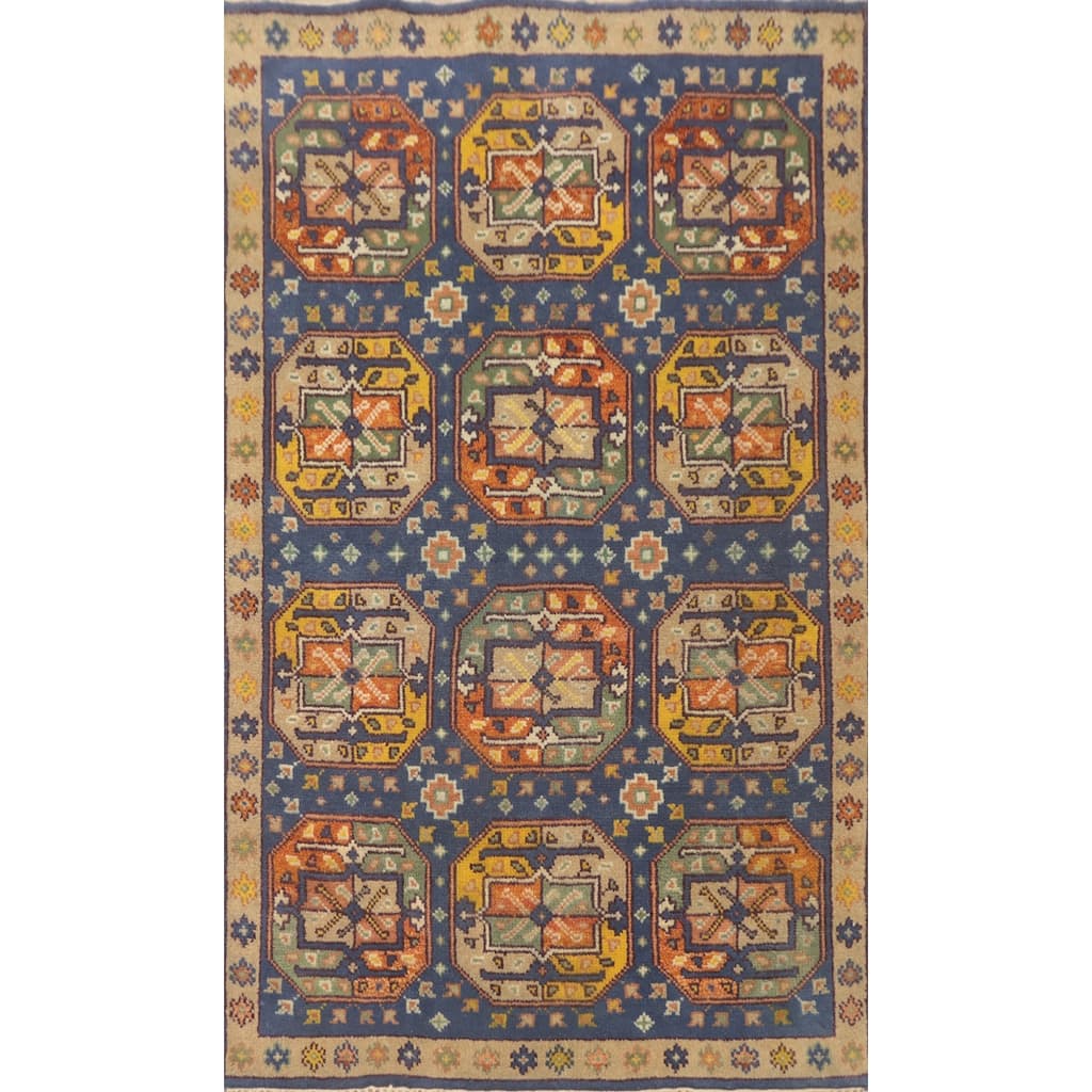 Hand-knotted Traditional Wool Blue Geometric Area Rug Oriental Carpet - 6' 0'' X 3' 9''