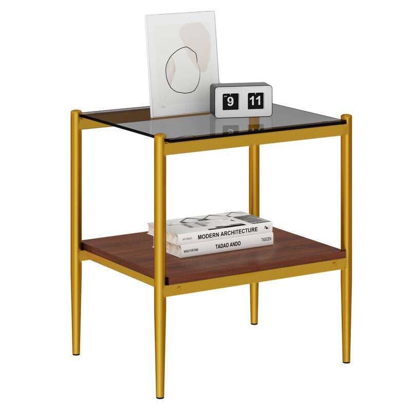 Set of 2 Rectangle End Table Tempered Glass Tabletop with MDF layer