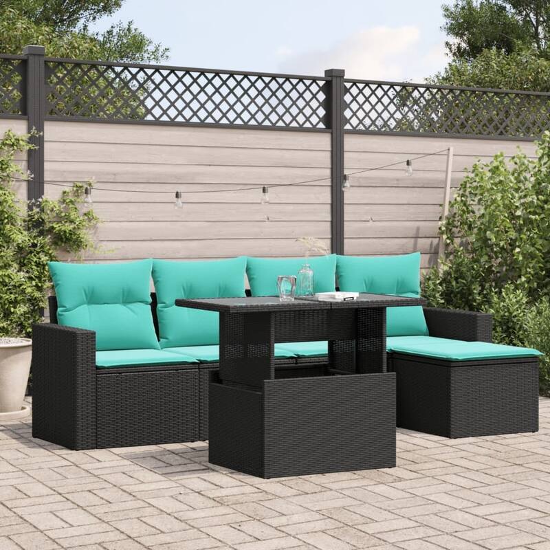 vidaXL Patio Sofa Set with Cushions and Table Outdoor 6 Piece Poly Rattan - 21.7 x 24.4 x 27.2 - Black without storage