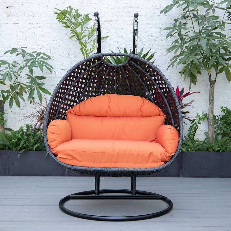 Patio 2-Person Hanging Egg Swing Chair Charcoal Wicker and Iron Frame Breathable Removable Cushion Covers by LeisureMod