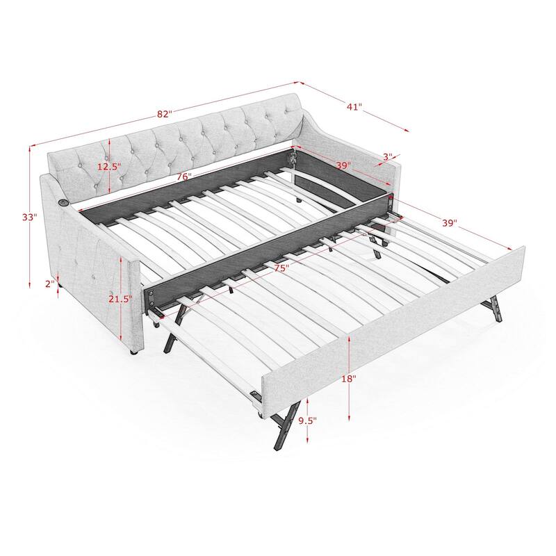 Upholstery Daybed with Erectable Trundle & USB Design