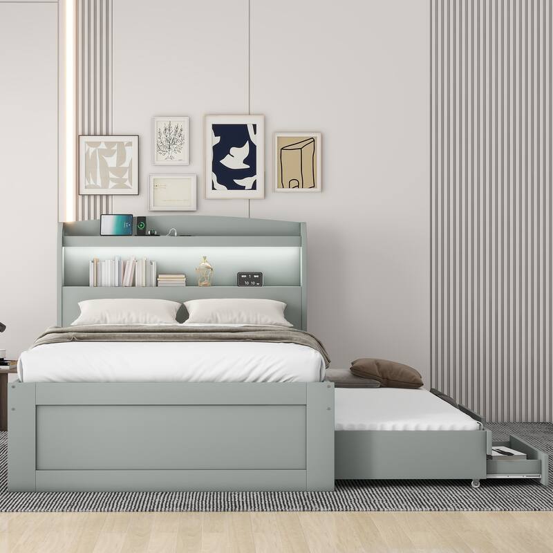 Twin XL Bed with LED Headboard, Charging Station, Trundle