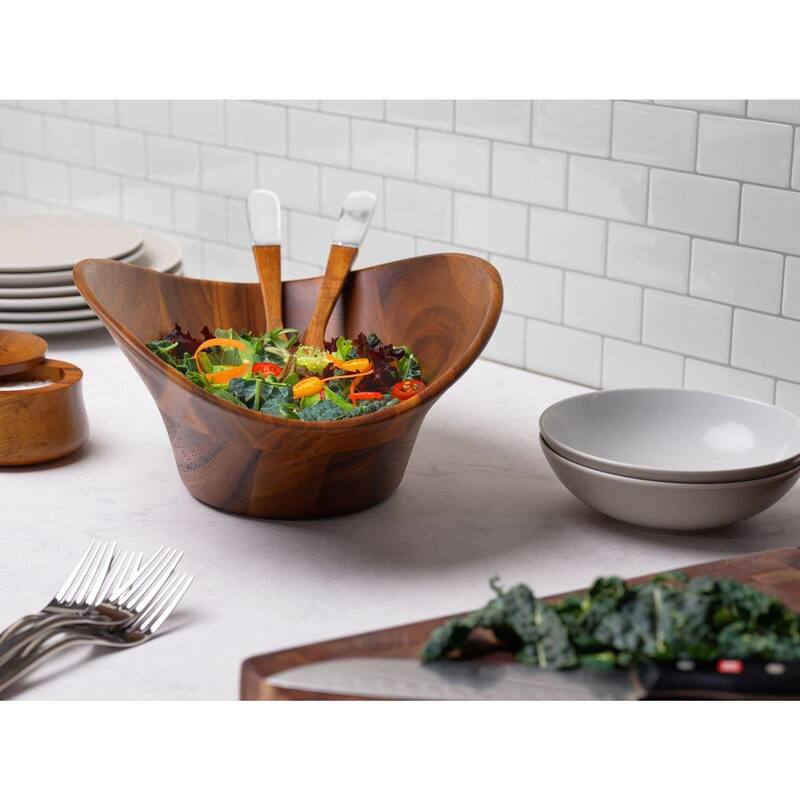Nambe Ripple Salad Bowl with Servers - 15.5" L x 12" W x 6" H