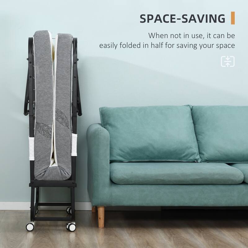 Folding Guest Bed with Padded Mattress and Metal Frame, Space-Saving Portable Bed with Wheels