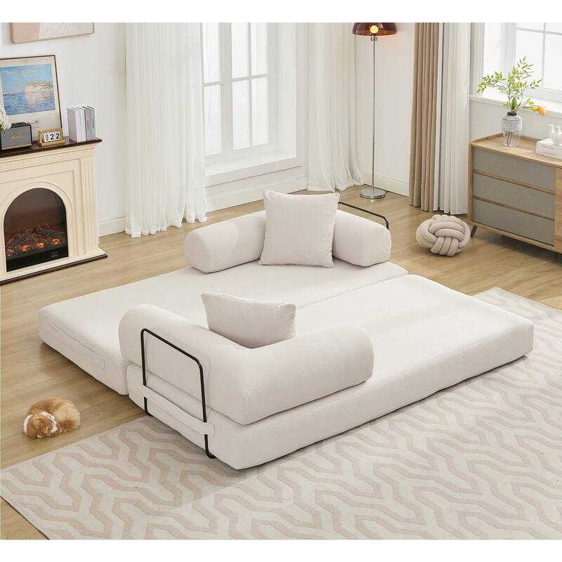 Folding Couch Convertible into King Size Floor Bed, 4-in-1 Corduroy Sleeper Sofa Bed with Moved Armrests and Non-Slip Pad