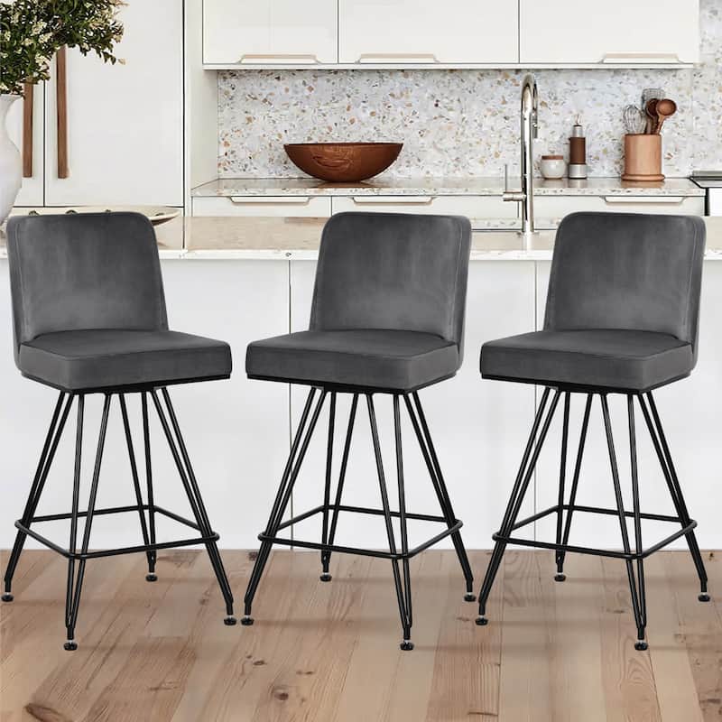 26" Leather/Velvet Swivel Counter Height Bar Stools - 38.2"H x 17.7"W x 19.1"D - Set of 3 - Velvet Grey