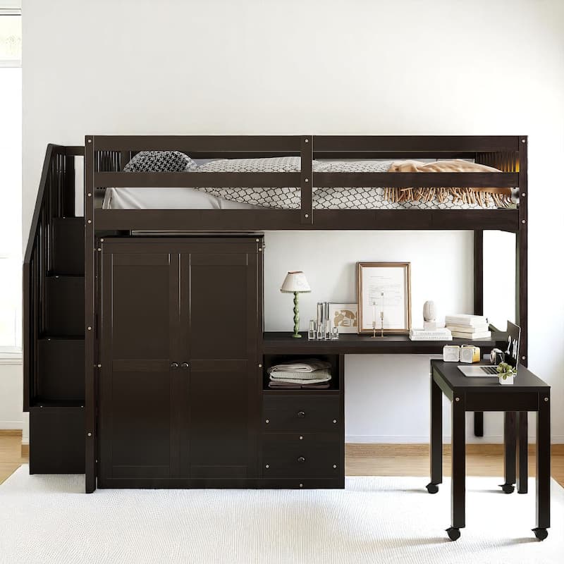 Twin/Full Size Loft Bed with Desk, Wardrobe, Drawers & Stairs, Wood Frame Study Bed with Storage for Kids/Teens