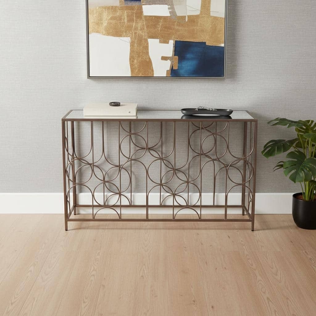 HomeRoots 50" Bronze Mirrored Glass and Steel Frame Console Table - 50.00 in. x 30.10 in. x 19.00 in.