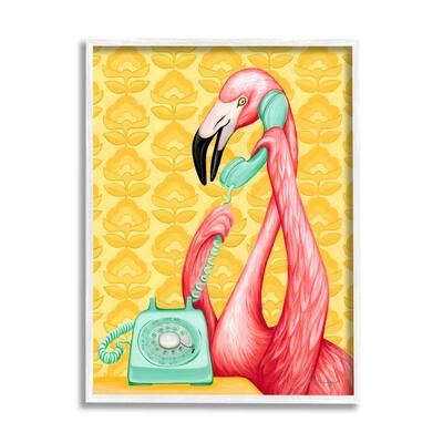 Stupell Flamingo Calling Dial Telephone Groovy Flowers Wallpaper Framed Wall Art, Design by Amelie Legault - Yellow