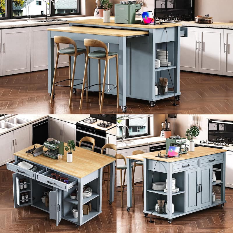 47" Kitchen Island with Extendable Table, Power Outlet, Rubber Wood Top, Storage Cabinet & Drawers