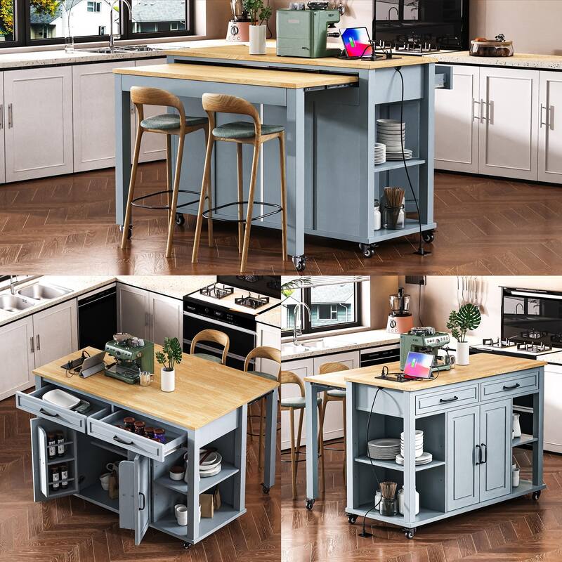 Kitchen Island with 2 Drawers and 2 Cabinet, Extendable Storage Table with Internal Storage Rack, Power Outlet for Living Room