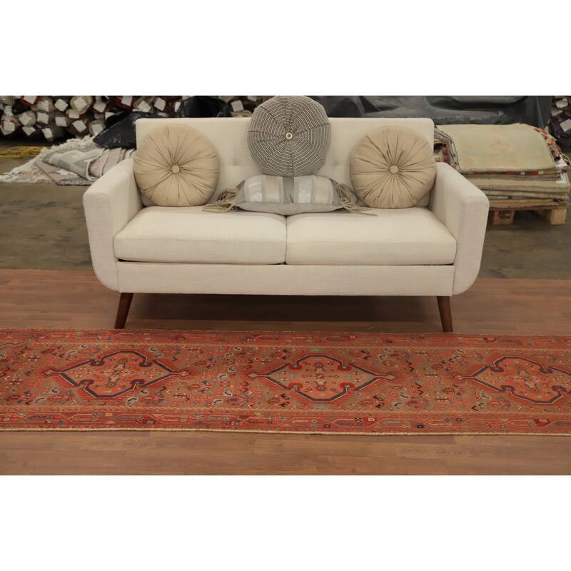 Hand Knotted Oriental 100% Wool Carpet Traditional Geometric Brown Mahal Runner Rug - 10' 1'' X 2' 7''