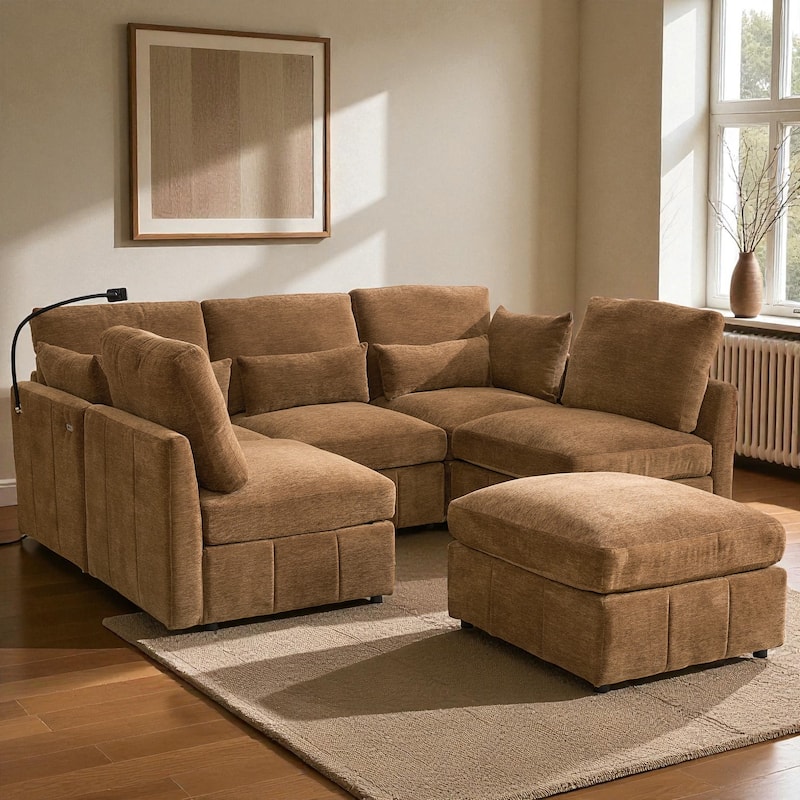 85.4" Modular Sectional Sofa with Movable Ottoman, USB Ports and Phone Holder, Chenille U-Shape Couch for Living Room