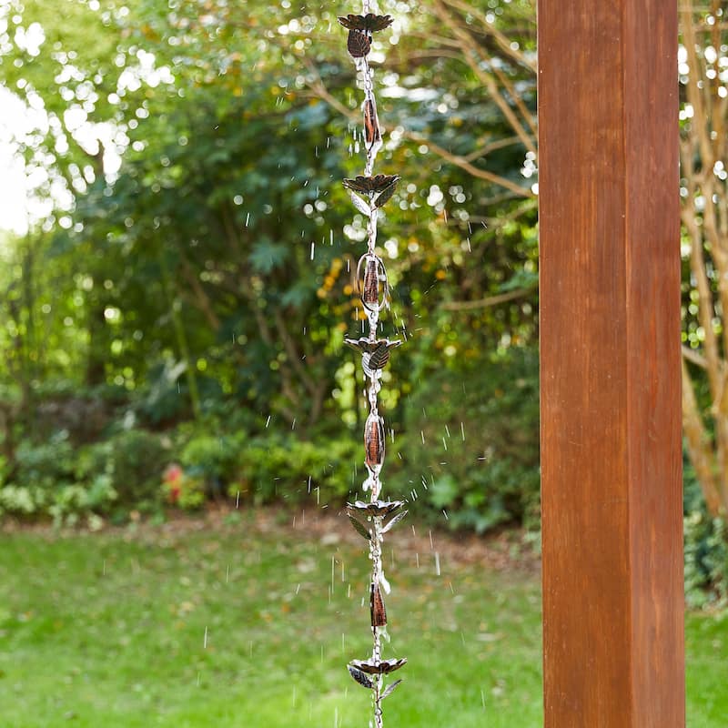 Glitzhome 102"L Antique Bronze Rain Chain with 20-Piece Lotus Flowers & Bells
