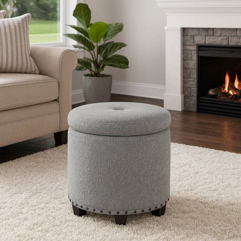 Zoya Storage Ottoman, 19 Inch Round Lift Top, Light Gray Woven Fabric