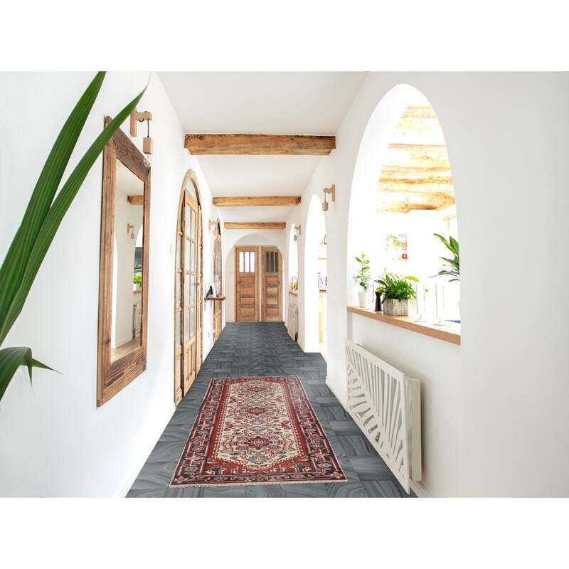 Ivory Geometric Heriz Serapi Runner Rug Hand-Knotted Wool Carpet - 2'6"x 7'10"