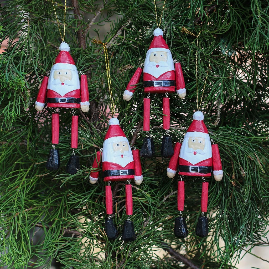 Novica Handmade Dancing Santas Wood Ornaments (Set Of 4)