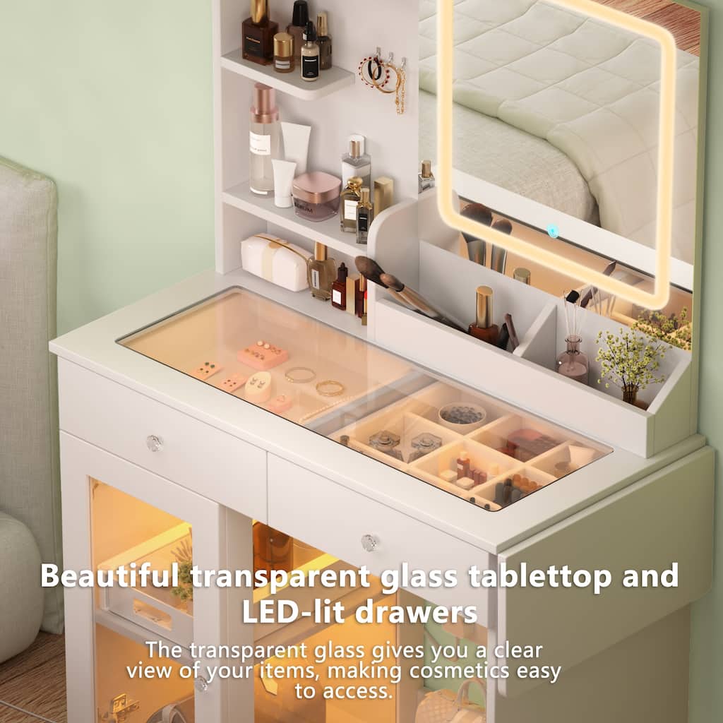Vanity Desk with Glass Top, 3 Colors LED Lights & Mirror, Small Dressing Table with Power Outlet, 2 Drawers & Cabinet