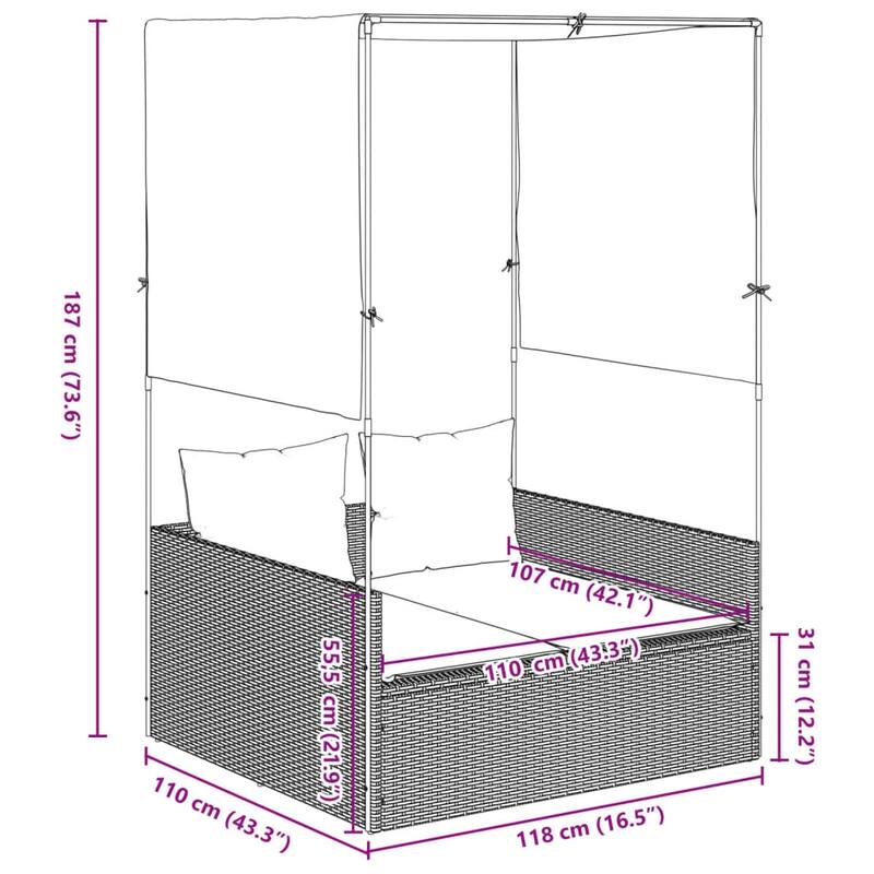 vidaXL Double Sun Lounger Grey PE rattan, powder-coated steel, polyester - 43.3 x 46.5 x 73.6